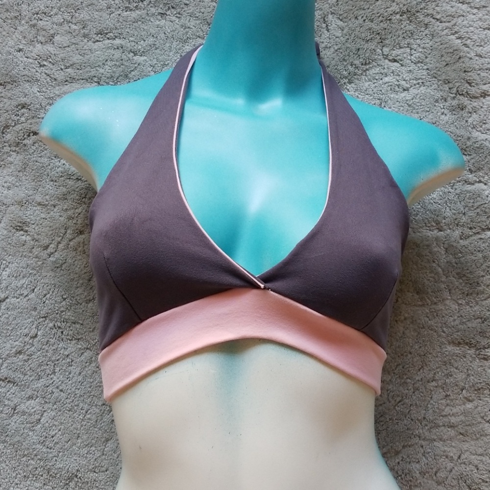 Grey and pink bikini style sport bra